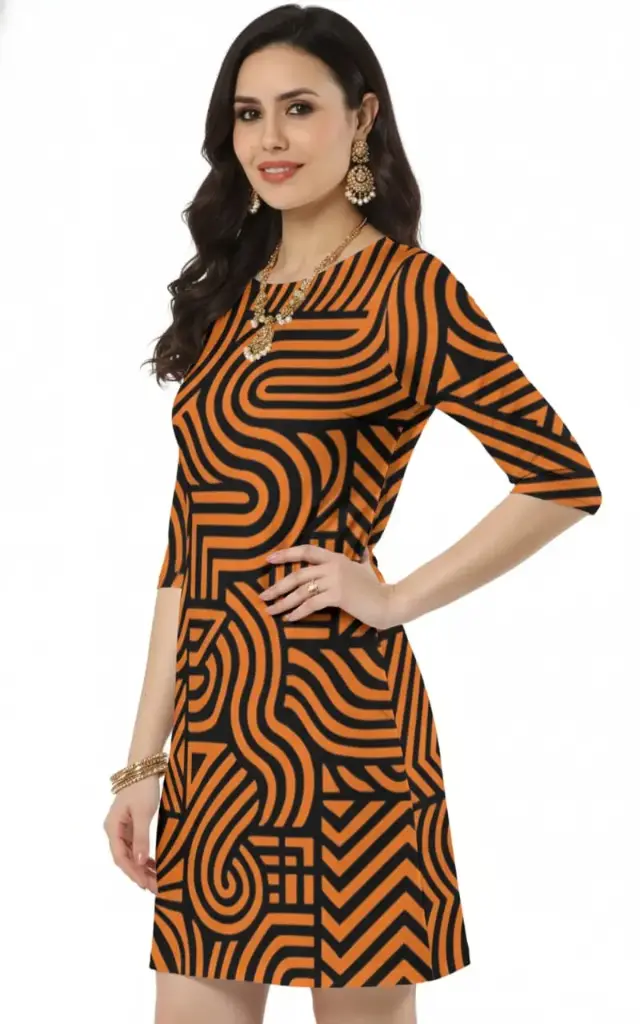 THE GROOVY MAZE GEOMETRIC ORANGE & BLACK MINI DRESS