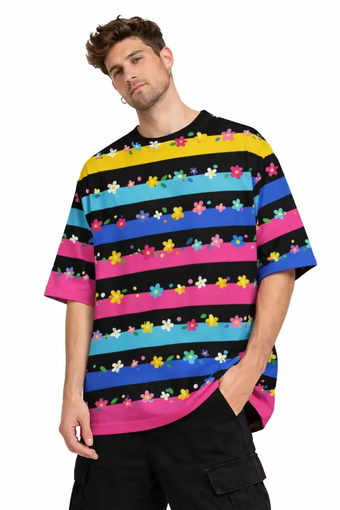 FLORAL STRIPE POP OVERSIZED T-SHIRT  (XS, None)