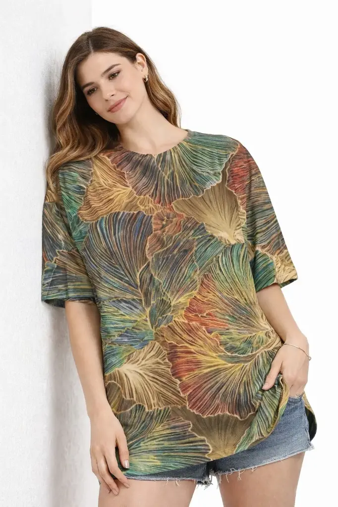 EARTHY LEAF FLOW OVERSIZED T-SHIRT  (XS, None)
