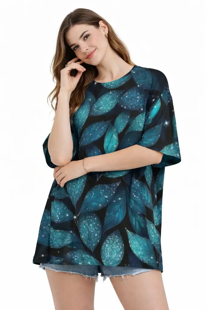 MIDNIGHT LEAF GLOW OVERSIZED T-SHIRT  (XS, None)