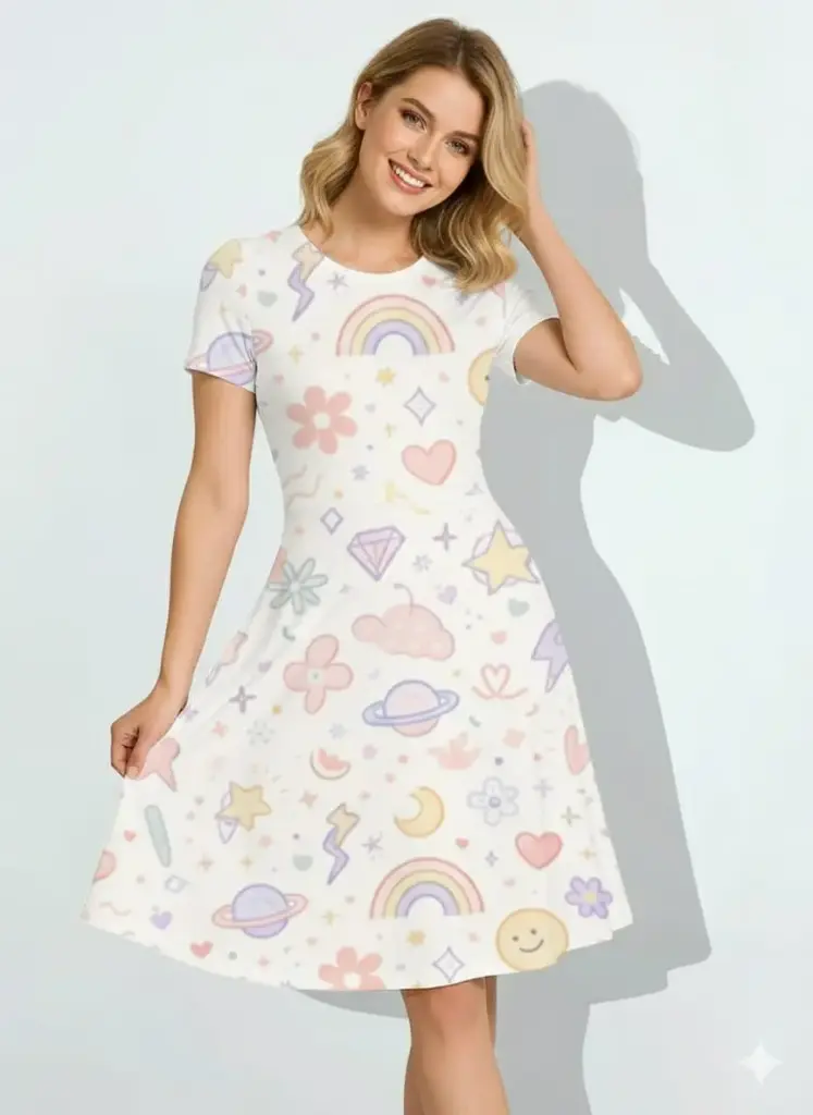 DREAMY PASTEL ICON PRINT FIT & FLARE DRESS  (XS, None)