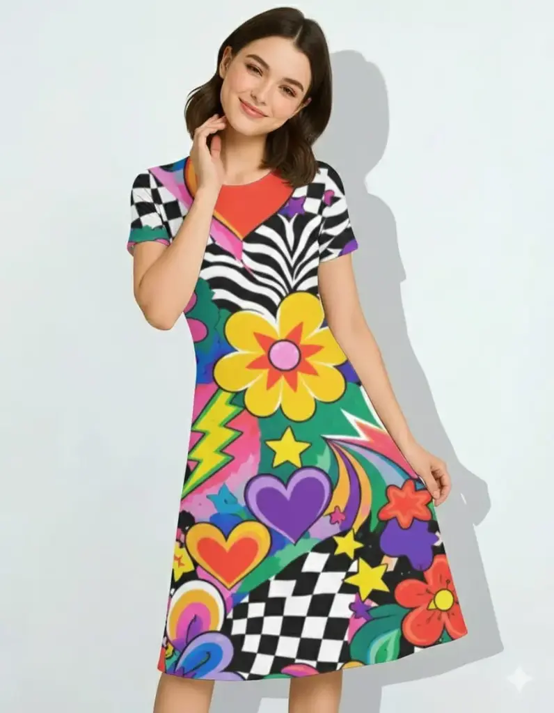 VIBRANT POP FUSION PRINT FIT & FLARE DRESS  (XS, None)