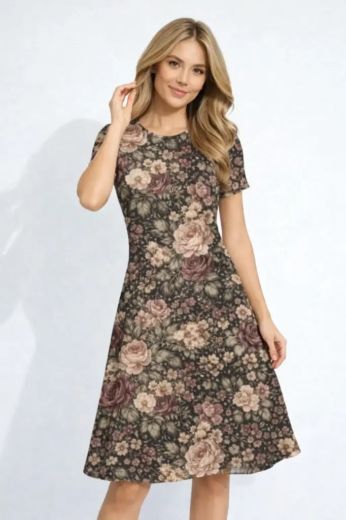 VINTAGE ROSE GARDEN PRINT FIT & FLARE DRESS  (XS, None)
