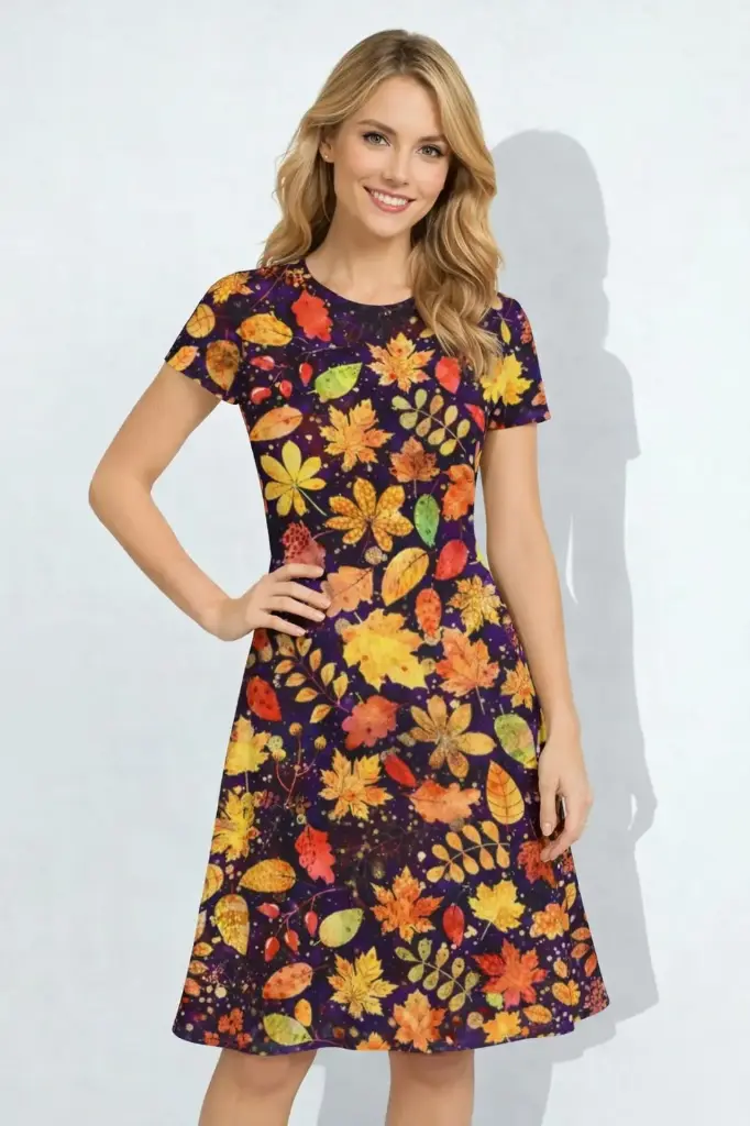 AUTUMN LEAF PRINT  FIT & FLARE DRESS  (XS, None)