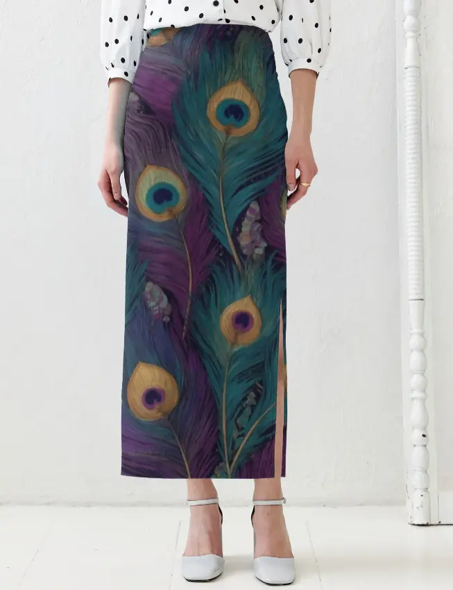 PEACOCK FEATHER PRINT HIGH-WAIST MIDI SKIRT  (XS, None)