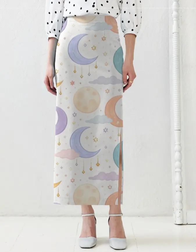 CELESTIAL MOON & STAR PRINT HIGH-WAIST MIDI SKIRT  (XS, None)