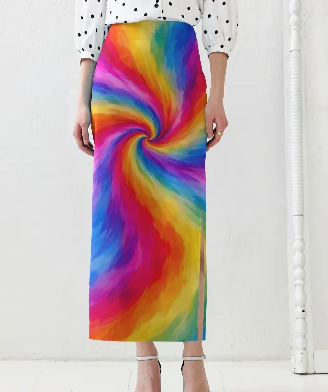 RAINBOW SWIRL PRINT HIGH-WAIST MIDI SKIRT  (XS, None)