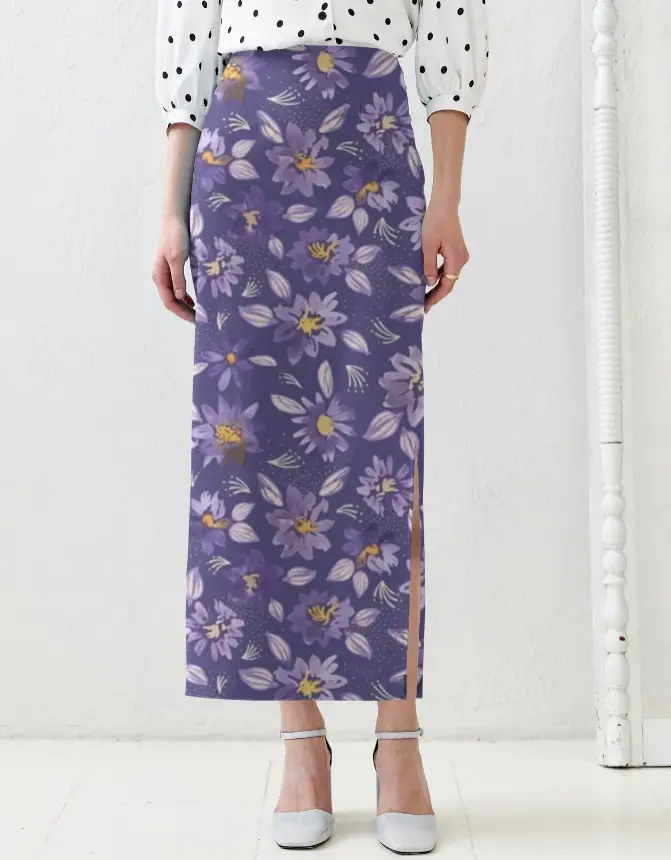 PURPLE FLORAL PRINT HIGH-WAIST MIDI SKIRT 