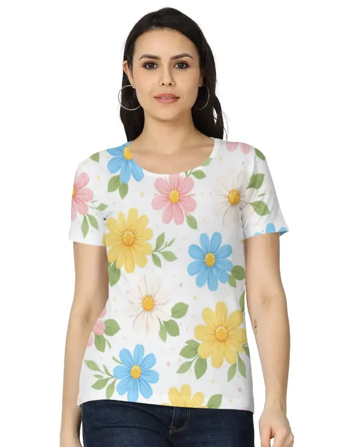 PASTEL DAISY GARDEN WOMEN’S PRINTED T-SHIRT (XS, None)
