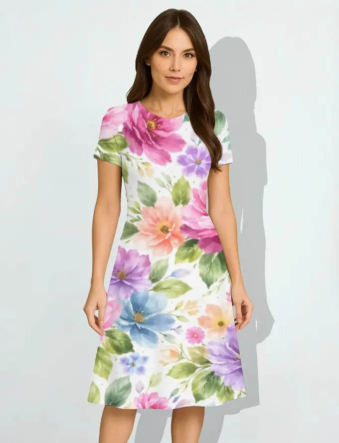 SOFT GARDEN WATERCOLOR A-LINE DRESS  (XS, None)