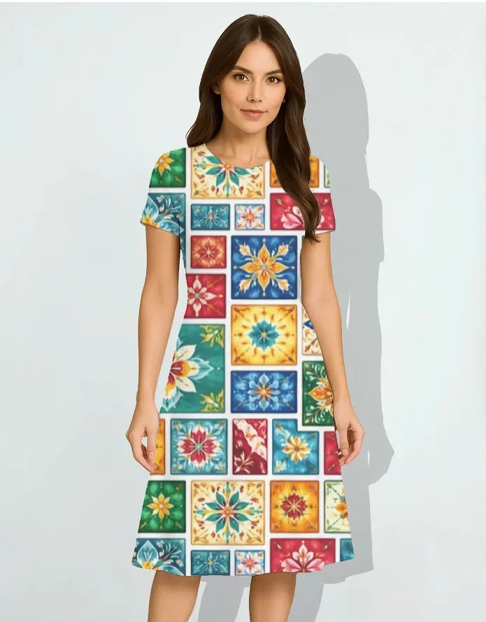 MOSAIC BLOOM PATCHWORK A-LINE DRESS  (XS, None)