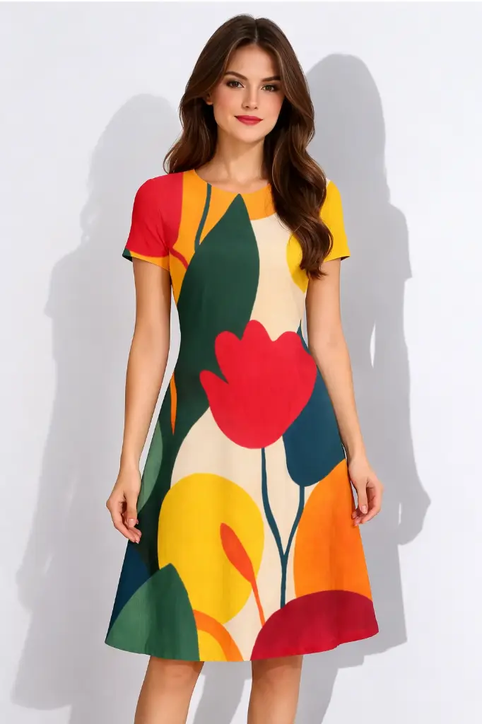 ABSTRACT FLORAL PRINT A-LINE DRESS (XS, None)