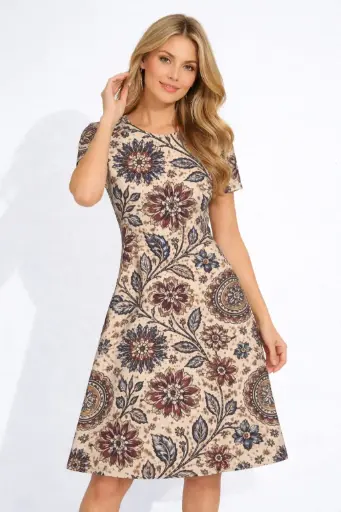 HERITAGE FLORAL MEDALLION PRINT FIT & FLARE DRESS 
