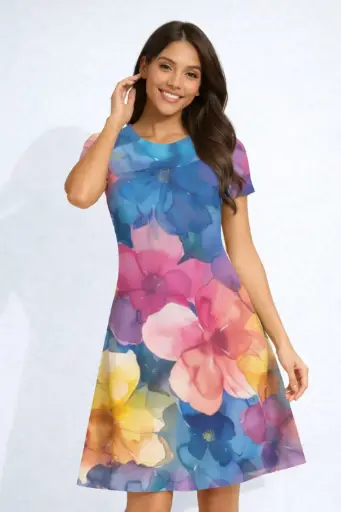 WATERCOLOR BLOOM FLORAL FIT & FLARE DRESS 