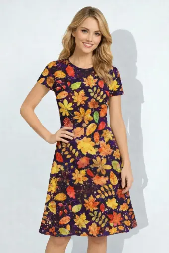 AUTUMN LEAF PRINT  FIT & FLARE DRESS 