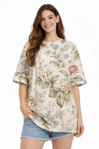 SOFT BOTANICAL VINTAGE PRINT OVERSIZED T-SHIRT 