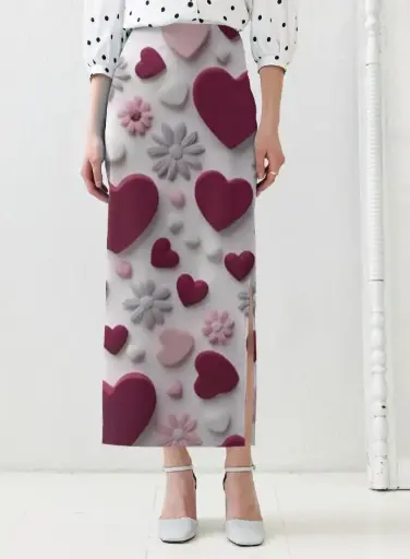 HEART & FLORAL PRINT HIGH-WAIST MIDI SKIRT 