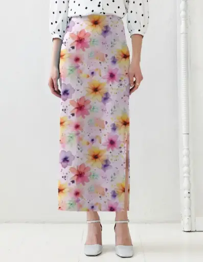 WATERCOLOR FLORAL PRINT HIGH-WAIST MIDI SKIRT 