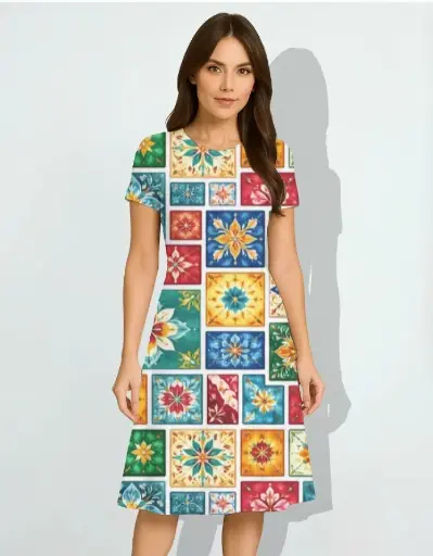 MOSAIC BLOOM PATCHWORK A-LINE DRESS 
