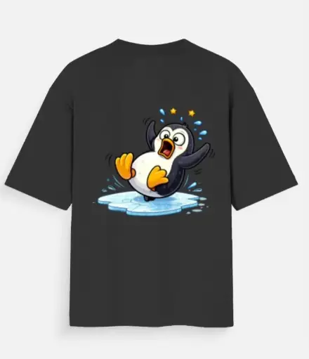 FUNNY SLIPPING PENGUIN CARTOON T-SHIRT 